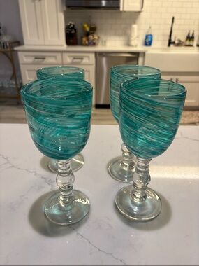 Set of 4 Swirled Teal Stemmed Goblets